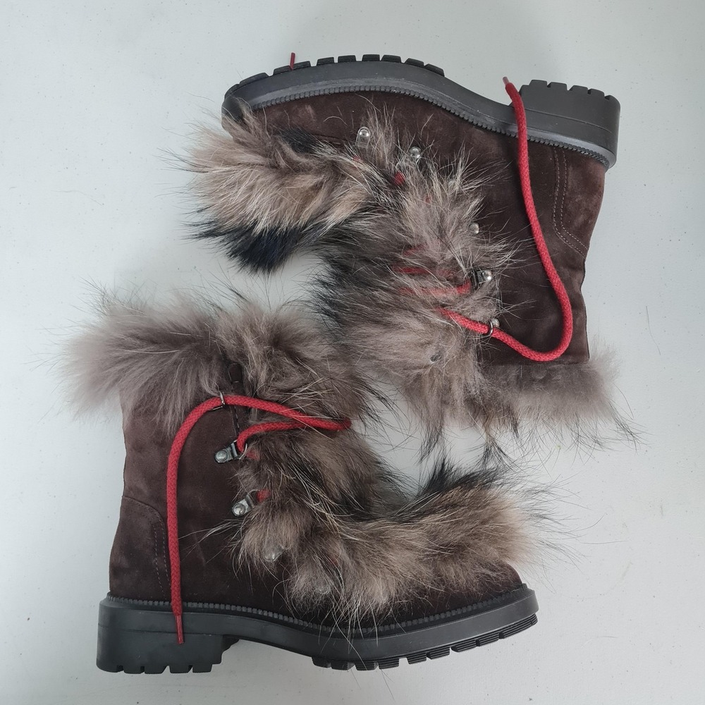 Aquatalia Lilaana Boots Womens 7.5 Brown Suede Fur Lace Up Italy Hike Winter